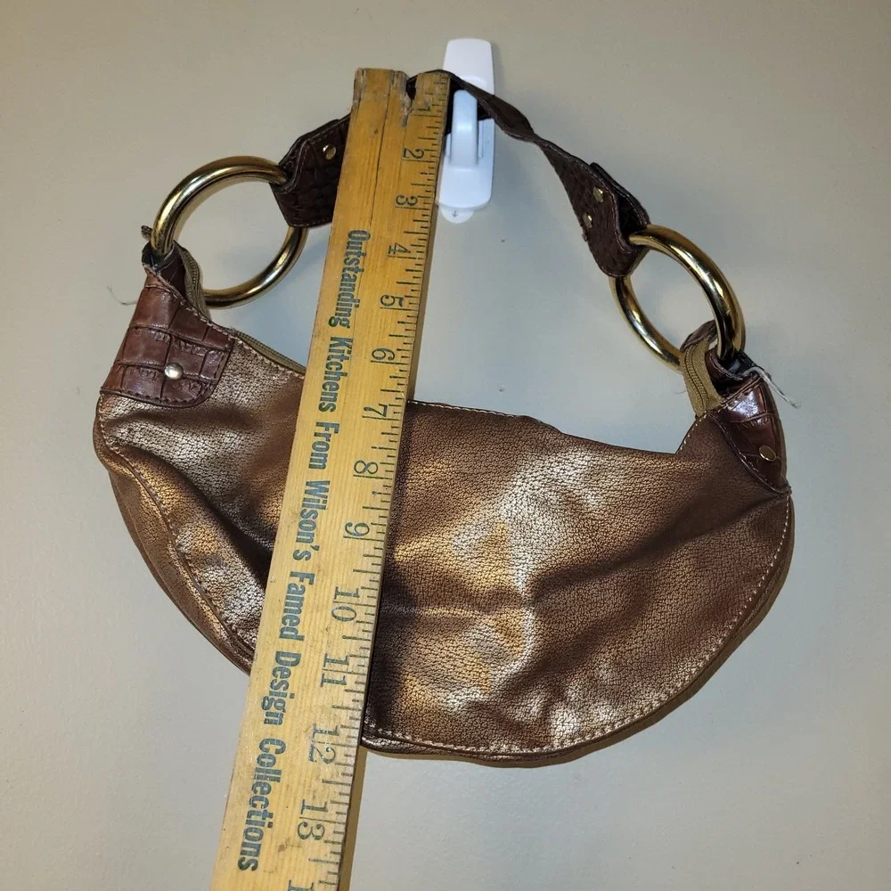 Womens Metallic Bronze Hobo Bag Faux Leather Croc Strap Gold Ring Hardware Small